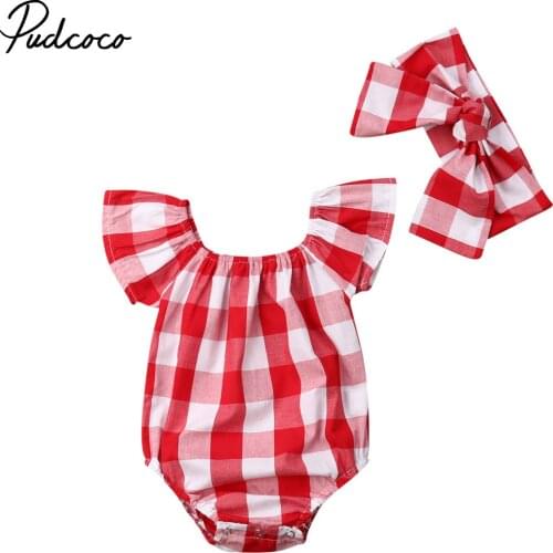 2019 Brand New Toddler Baby Girls Off Shoulder Checked Bodysuits Headband Ruffles Short Sleeve Red Plaid Cotton Summer Jumpsuits