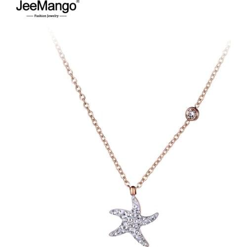 JeeMango Trendy CZ Rhinestone Clay Chokers Necklaces For Women Girls Rose Gold Stainless Steel Starfish Pendant Jewelry JN19026