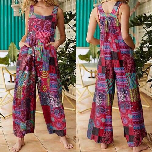 Jumpsuit Women Womens Fashion Ethnic Style Patchwork комбинезон женский Vintage Printed Buttons Suspender Jumpsuit Overalls