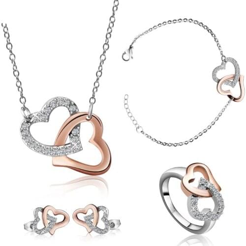 Rose Gold Color Crystal Heart Jewelry Set Stainless Steel Women Wedding Lovely Jewelry Sets