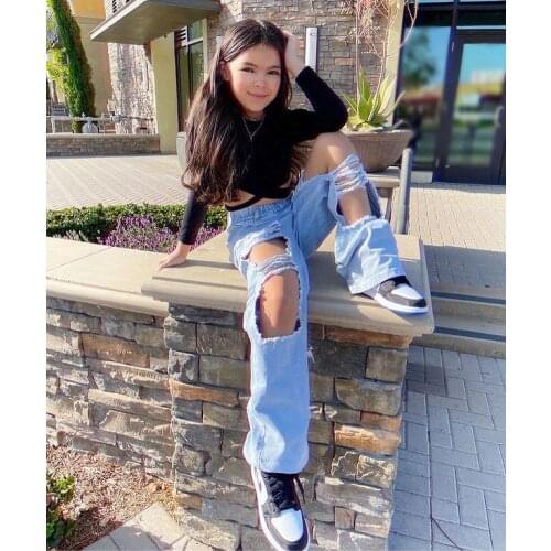 2 Pieces Baby Girls Clothing Sets Suits Solid Color O-Neck Long Sleeve Hollow Out Tops+ Ripped Jeans for Spring Fall, 2-7 Years