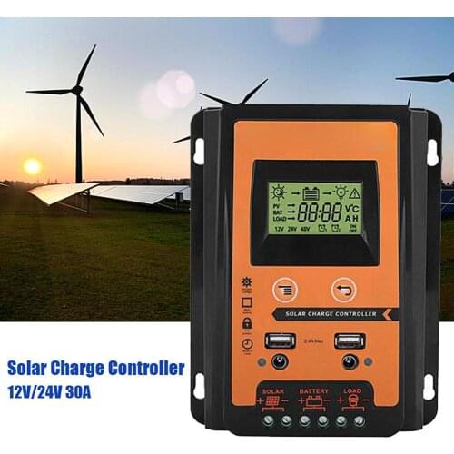 30A Solar Charger Controller 12/24V Auto Solar Panel Battery Regulator LCD Display Dual USB Light Output Solar System