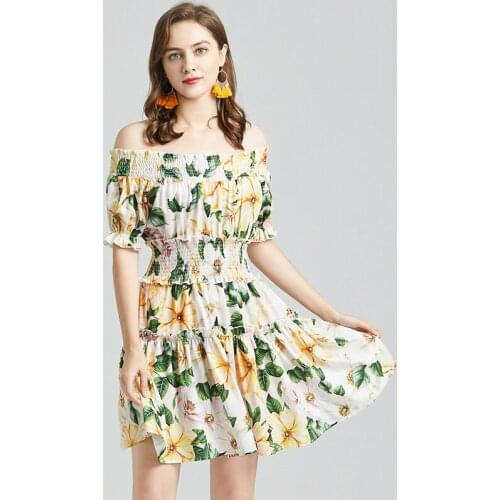 Summer Boho Dress Floral Print Mini Dress Slash Neck Short Sleeve Elastic Waist Party Dress Ruffles Elegant Beach Runway k370