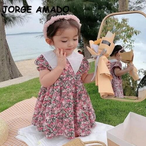 2021 New Summer Teenager Girls Dress Floral Peter Pan Collar Princess Dresses Cute Style Fashion Clothes E1019