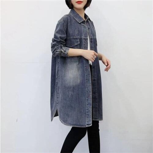 Spring New Korean Loose Large Size Mid-length Denim Long-sleeved Shirt Ladies Jacket Jeans Thin Coat Vintage Windbreaker R149
