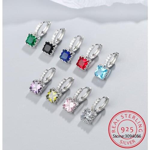 New Genuine 925 Sterling Silver Geometric Square 6 Colors Hanging Stud Earrings for Women Elegant Chic Party Jewelry Gift