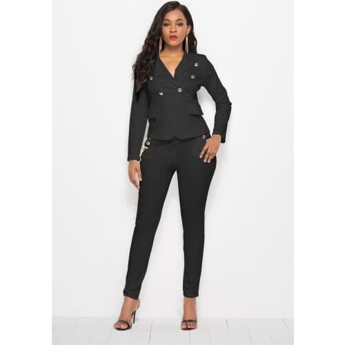 Office Lady Basic Blazer Suit 2 Piece Set Women Single Button Slim Blazer Elastic Waist Pencil Pants Set Hihg Waist Pants Suits