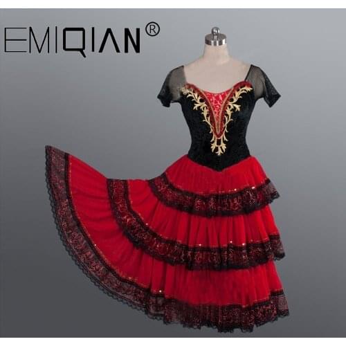 Don Quixote Adult Black Red Romantic Tutu Professional Ballet Long Tutu Spanish Dance Costume Spanish Kitri Dance Ballet Dress