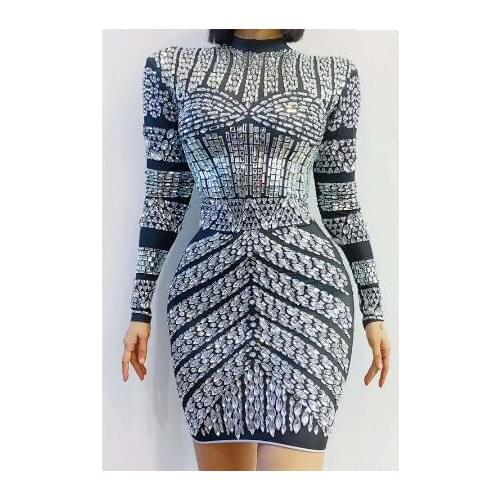 Sexy Womens Birthday Celebrate Outfit Dresses New Silver Rhinestones Big Elasticity Short Dress Bar Evening Dancer Dress