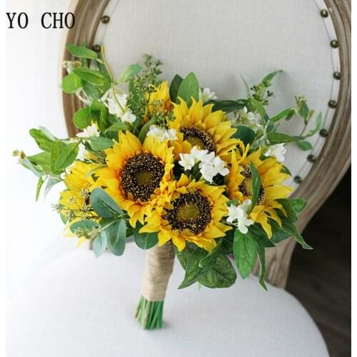 YO CHO Wedding Flower Bride Bouquet Artificial Silk Sunflower Bouquet Eucalyptus Leaves DIY Home Party Decor Wedding Supplies