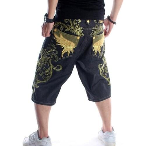 Loose Denim Shorts Mens Youth Hip-hop Character Embroidery Medium Pants Tide Fashion Summer Trousers