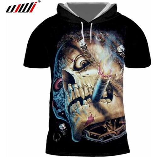 UJWI Cool Tshirt With Hood Men Summer Tops 3D Digital Print Unique Skull T-shirts Man Hip Hop Short Sleeve Hoody Undershirts