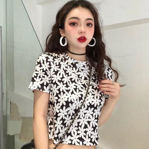 Retro Short Print Floral Short-Sleeved T-Shirt Summer Women Fashion Style Slim Crop Top