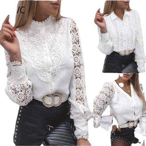 Spring Summer Blouses and Shirts Women Lace Hollow Out Long Sleeve Button Tops Ladies Casual Solid Blusas