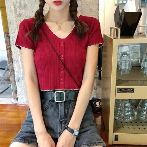 T-shirts Women Knitted Cute Crop Tees Female Buttoned Up V-Neck Solid Short Sleeve Casual 2021 Summer T-shirts For Women