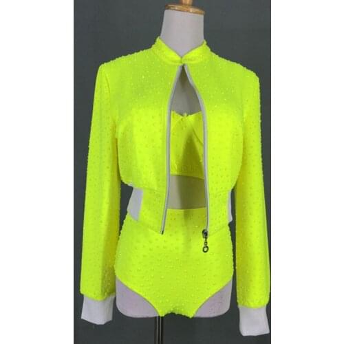 Full Rhinestones Bra Shorts Jacket Outfit Set Women Singer DJ ds jazz Dancer Wear white Stage Wear Birthday Party Outfit Sets