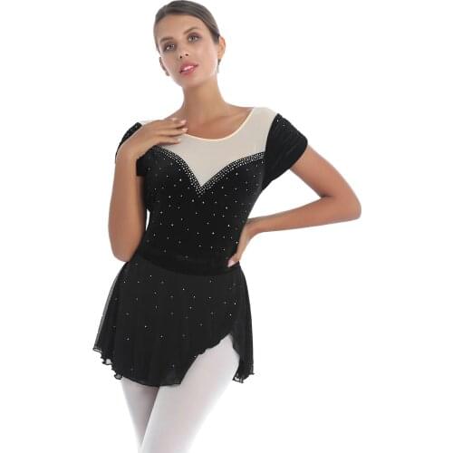 Women Rhinestone Velvet Ballet Dance Tutu Dress Mesh Patchwork Elegant Adults Figure Skating Rhythmic Gymnastics Leotard Dresses