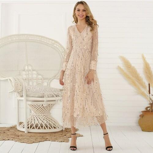 Fashion 2020 Sexy Deep V-Neck Long Sleeve Spring Autumn Women Tassel Vestidos Cocktail Elegant Party Swing Sequined Midi Dress