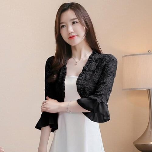 Ladies Thin Lace Open Stitch Coat Summer 3/4 Sleeve Shawl Sexy White Casual Jacket Ladiess Hollow Out Coats Crop Jackets Bolero