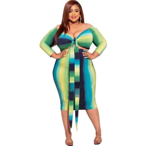 New 2021 Wrapped Chest Strap Sexy V-neck Striped Plus Size Dress Green Tie Dye Bandage Women Dresses Vestido Feminino