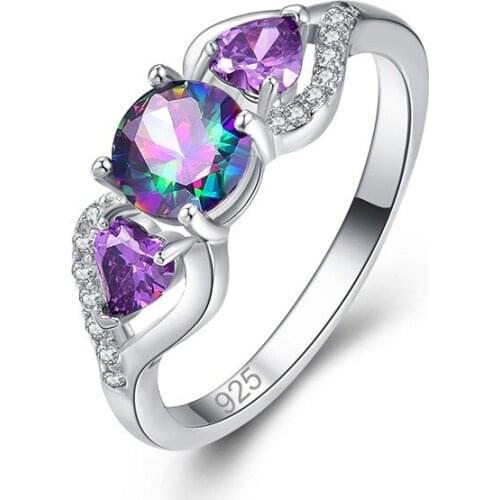 Fashion Women Silver Color Jewelry Rainbow Zircon Ring New Design Wedding Engagement Women Purple Heart Finger Ring Gifts