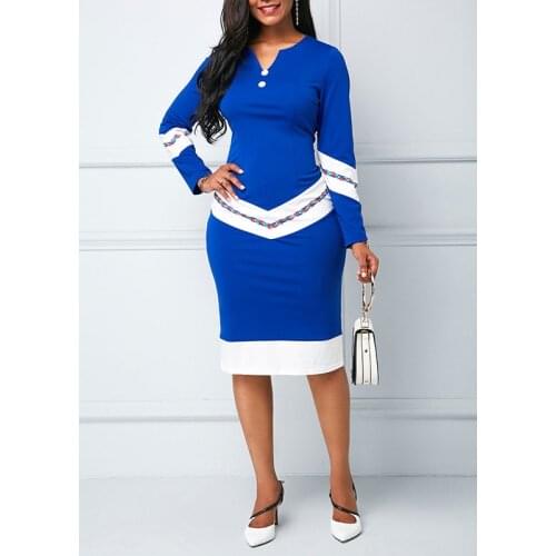 European Style Summer Women Vintage Patchwork Button Knee-length Party Dress Elegant Long Sleeve Sexy V-neck Slim Dress