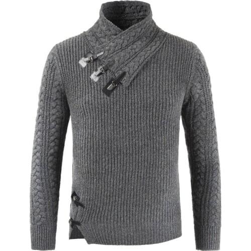 Winter Fashion Mens New Long-Sleeved Half-High Neck Knitted Sweater with Leather Buttons and Irregular Hem Jacket