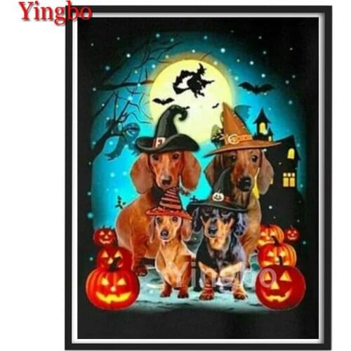5d DIY Diamond Embroide Dachshund and pumpkin Halloween night scene Full square Diamond Painting Cross Stitch Diamond Mosaic