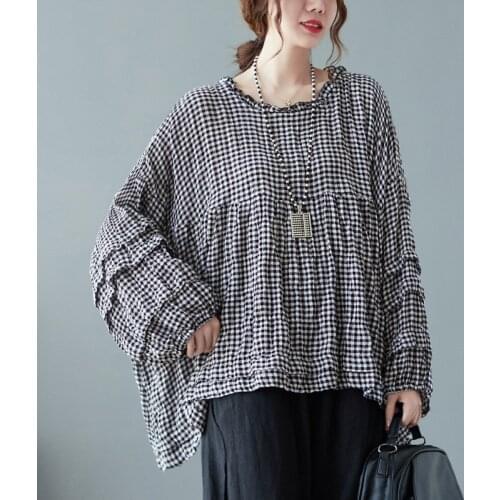 Spring Autumn Women Blouse Plaid Ruffled Neck Lantern sleeve Loose Causal Women Big Size Tops