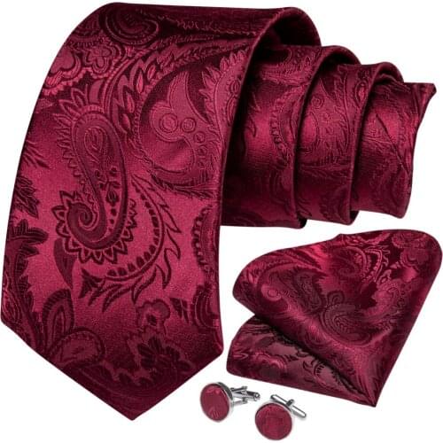 DiBanGu Men Tie Red Wine Solid Paisley Design Silk Wedding Tie For Men Hanky Cufflink Set Fashion Bussiness Party Dropshipping