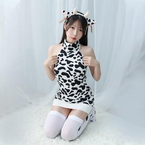 Kawaii Winter Coat Goth Lolita Blouse with Stocking Backless Cow Costume for Women Girls Cute Dress White and Black Cow Top New