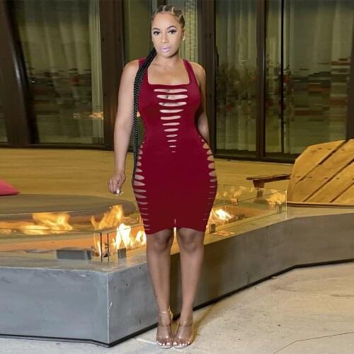 Summer Hollow Hole Birthday Party Club Dress Women Square Collar Sleeveless Midi Tank Dress Streetwear Y2K Clothes Sheath Dress