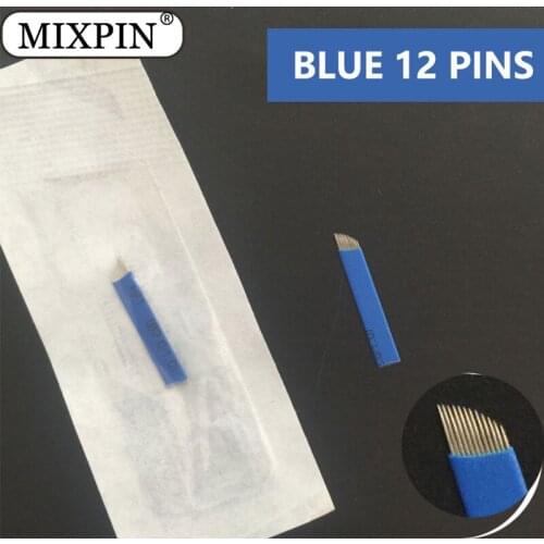 100PCS Tattoo Eyebrow Blade Blue 12 Pin Permanent Makeup Manual Eyebrow Bevel Blades 12 Needles Sobrancelha Microblading Needles