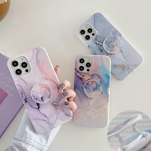 Matte Glitter Marble Phone Case With Stand Holder For iPhone 11 12 Pro Max XR XS Max X 7 8 Plus Soft IMD Shockproof Bumper Cover
