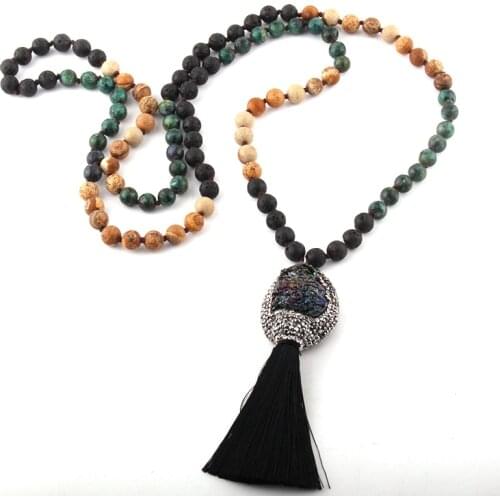 MOODPC Fashion Bohemian Jewelry 108pc Natural Stone Knotted Druzy & Tassel Pendant Necklace For Women Ethnic Necklace