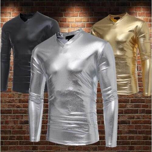 Punk slim shirt men long sleeve shirt teenage Punk metallic bright embossed bronzing shirt mens personality stage singer