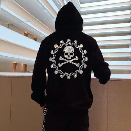 Winter New All-Match Mens Hoodie Black And White Pullover Cotton Thermal Drill Skull Long Sleeve Couple Top