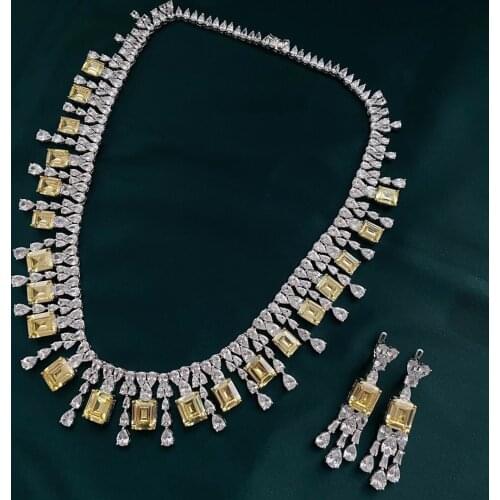 New Customized Emerald Cut Citrine Simulated Moissanite 100% 925 Sterling Silver Neckalce/Earrings Jewelry Set Fine Jewelry