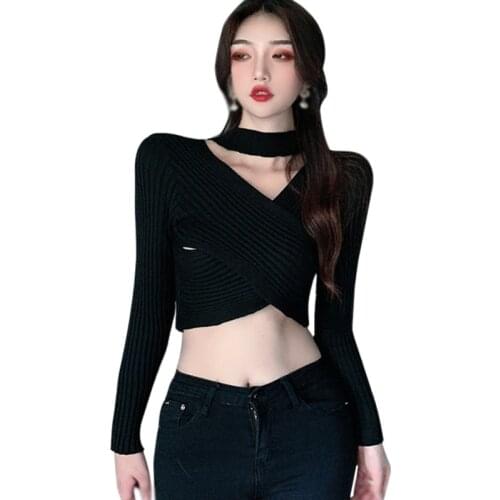 Autumn Women Knitted Tshirt Halter Solid Color Korean Style Slim Fit Sexy Bottoming Tee Shirt