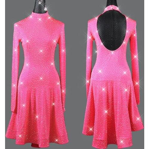 New Latin Danec Dress For Women Girls Pink Rhinestone Long Sleeves Dress Competition Clothing Samba Salsa Show Costume DNV15067