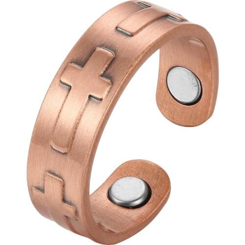 Religious Ring Adjustable Pure Copper Magnetic Open Cuff Mens Rings 6mm Vintage Finger Ring for Men Magnetic Therapy Arthritis