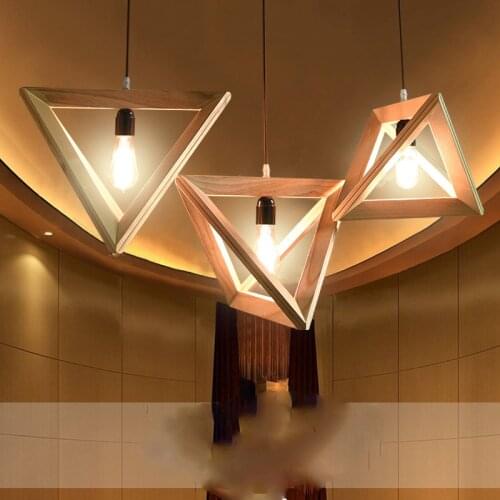 Nordic wooden pendant lights American bedroom living room coffee shop triangle wooden frame solid wood geometric pendant lamps