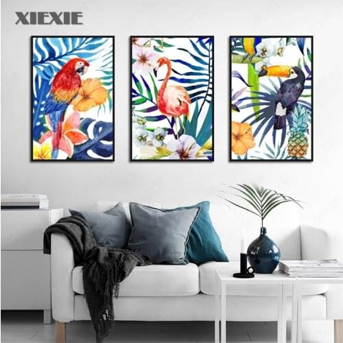 Scandinavian Home Decor Poster and Print Watercolor Canvas Painting Parrot Flamingo Nordic Wall Art Picture Living Room Decor