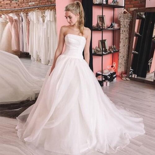 Princess A-line Wedding Dress Strapless Tiered Organza Zipper Back Simple Robe De Mariee 2019 White Ivory Custom Bridal Dresses