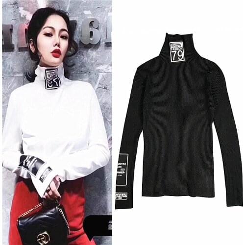 Sweater Women 2018 Turtleneck Soft Knitwear Sexy Basic Letters Applique Sweaters Pullovers Winter Autumn Fashion Knit Tops NS195