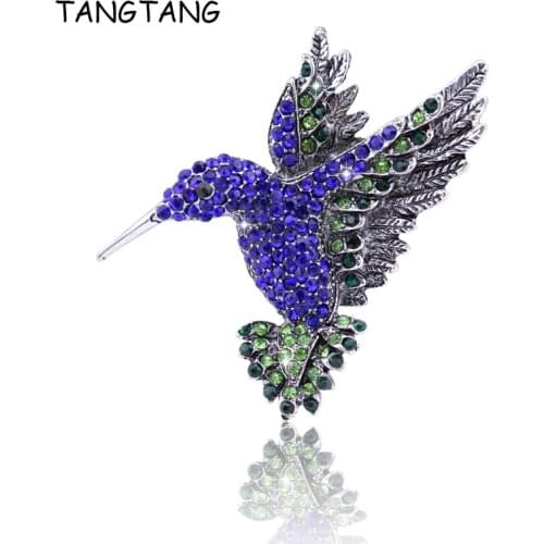 Vintage Blue Crystal Bird Brooch For Women Collar Pins Corsage Rhinestone Animal Hummingbird Pin Jewelry Accessories, FB201