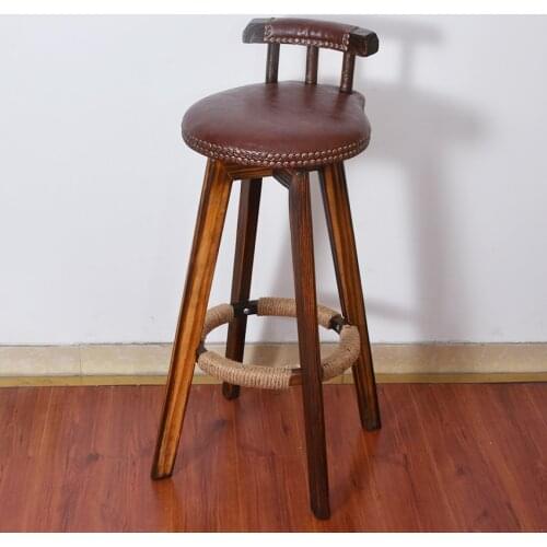 Rotatable Bar Chair Stool Solid Wood 4 Leg Dining Chair Bar Counter Chair High Footstool With Low Backrest Commercial Furniture