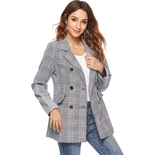 Women Formal Jacket Plaid Women Slim Long Sleeve Double Breasted Coats Winter Coat Pockets Overcoat 2018 Vintage Jackets Coat
