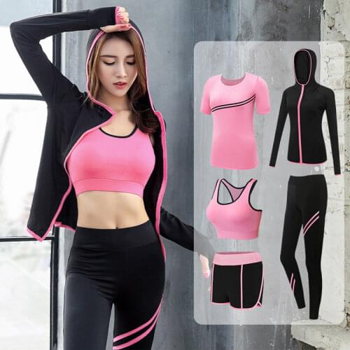 New 5 Pieces Running Sets Women Yoga Sports Suit Jogging Sportswear Female Gym Fitness Tights Running Training Tracksuit Clothes