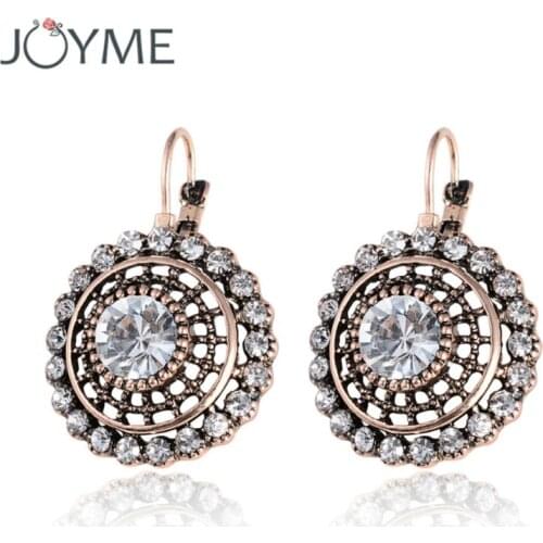 Joyme New Crystal Rhinestone Statement Shield Party Round Earrings For Women Retro Vintage Flower Dangle Drop Wedding Earing